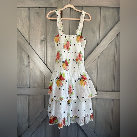 Farm Rio Nanaju Midi Polka Dot Floral Tiered‎ Swiss Dot Dress Smocked Medium - Picture 2 of 10